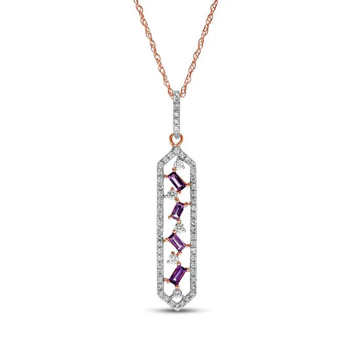 Necklaces Goldia BaguetteCut Amethyst and 017 CT TW Natural Diamond Elongated Hexagon Pendant in 10K Rose Gold Necklaces Goldia BaguetteCut Amethyst and 017 CT TW Natural Diamond Elongated Hexagon Pendant in 10K Rose Gold