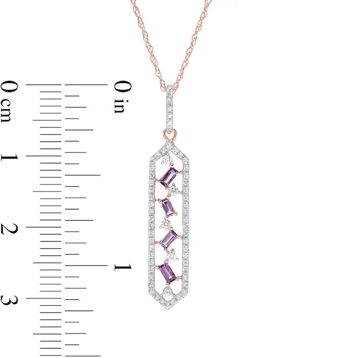 Necklaces Goldia BaguetteCut Amethyst and 017 CT TW Natural Diamond Elongated Hexagon Pendant in 10K Rose Gold Necklaces Goldia BaguetteCut Amethyst and 017 CT TW Natural Diamond Elongated Hexagon Pendant in 10K Rose Gold