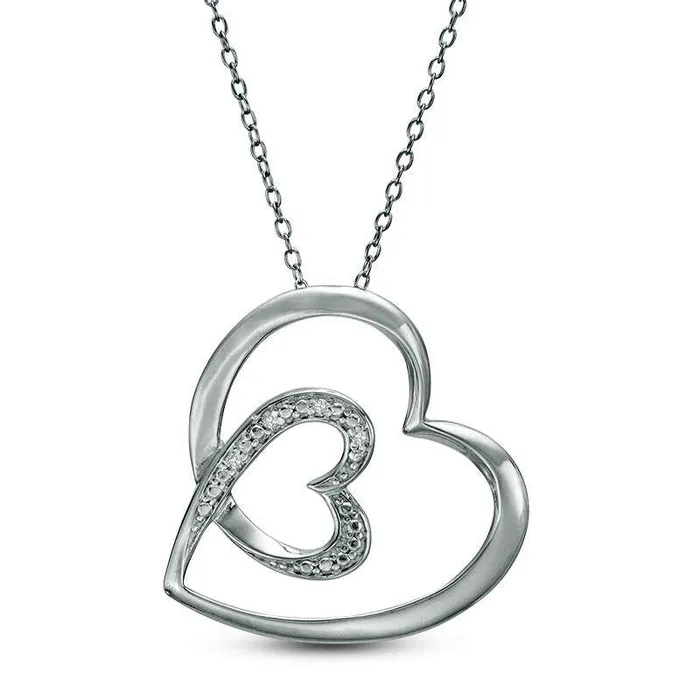 Necklaces Goldia Natural Diamond Accent Double Tilted Heart Pendant in Sterling Silver Necklaces Goldia Natural Diamond Accent Double Tilted Heart Pendant in Sterling Silver
