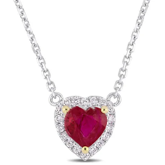 Necklaces JMS always Original AMOUR Heart Shape Ruby and Diamond Accent Halo Necklace In 14K White Gold with Yellow Gold Prongs Necklaces JMS always Original AMOUR Heart Shape Ruby and Diamond Accent Halo Necklace In 14K White Gold with Yellow Gold Prongs
