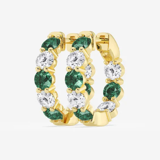 Original Brilliant Diamond 14KT Yellow Gold Round Created Emerald and 2 cttw RoundCut Lab Grown Diamond Inside Out Hoop Earrings for Women JMS always Earrings