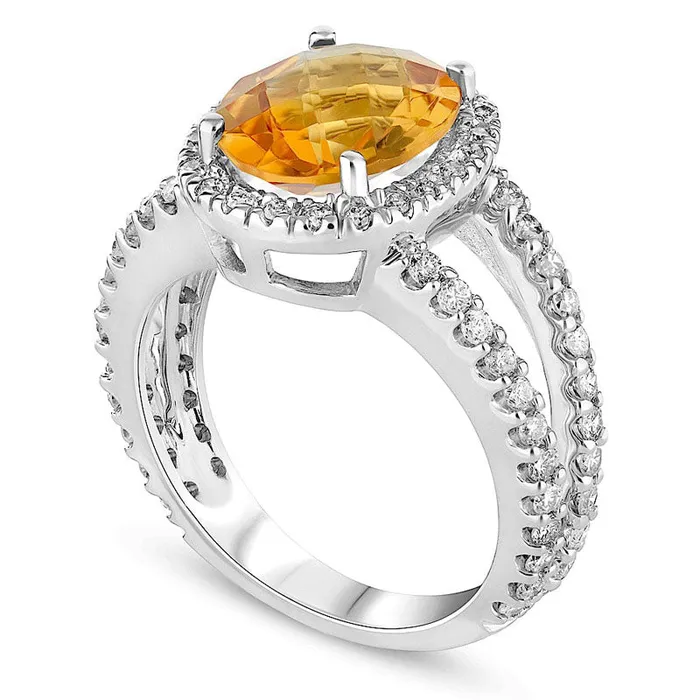 Oval Citrine and 088 CT TW Natural Diamond Frame Split Shank Ring in Solid 14K White Gold Goldia Rings Oval Citrine and 088 CT TW Natural Diamond Frame Split Shank Ring in Solid 14K White Gold Goldia Rings