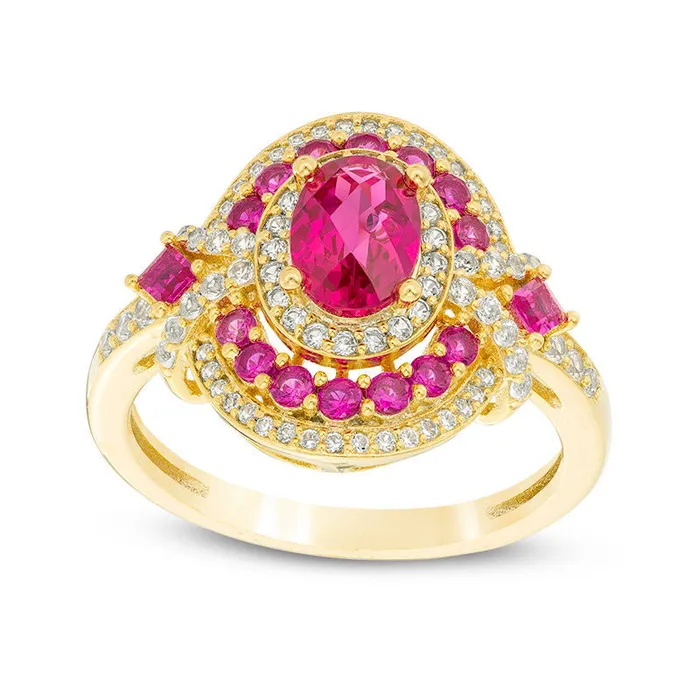 Oval LabCreated Ruby and White Sapphire Triple Frame VSides Ring in Sterling Silver with Solid 14K Gold Plate Goldia Rings Oval LabCreated Ruby and White Sapphire Triple Frame VSides Ring in Sterling Silver with Solid 14K Gold Plate Goldia Rings