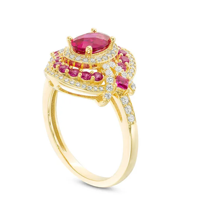 Oval LabCreated Ruby and White Sapphire Triple Frame VSides Ring in Sterling Silver with Solid 14K Gold Plate Goldia Rings Oval LabCreated Ruby and White Sapphire Triple Frame VSides Ring in Sterling Silver with Solid 14K Gold Plate Goldia Rings