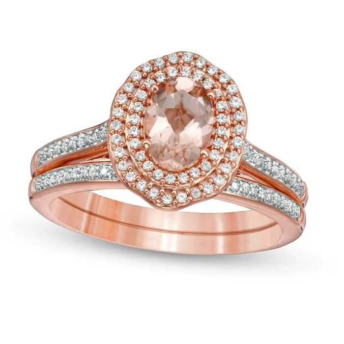 Oval Morganite and 025 CT TW Natural Diamond Double Frame Floral Bridal Engagement Ring Set in Solid 10K Rose Gold Goldia Rings Oval Morganite and 025 CT TW Natural Diamond Double Frame Floral Bridal Engagement Ring Set in Solid 10K Rose Gold Goldia Rings