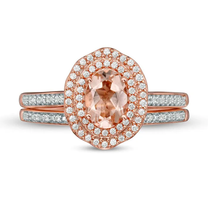 Oval Morganite and 025 CT TW Natural Diamond Double Frame Floral Bridal Engagement Ring Set in Solid 10K Rose Gold Goldia Rings Oval Morganite and 025 CT TW Natural Diamond Double Frame Floral Bridal Engagement Ring Set in Solid 10K Rose Gold Goldia Rings