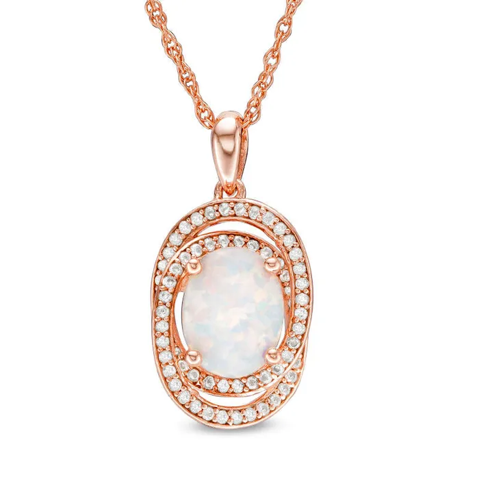 Oval Opal and 025 CT TW Natural Diamond Orbit Frame Pendant in 10K Rose Gold Goldia Necklaces Oval Opal and 025 CT TW Natural Diamond Orbit Frame Pendant in 10K Rose Gold Goldia Necklaces