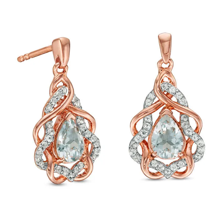 PearShaped Aquamarine and LabCreated White Sapphire FreeForm Frame Drop Earrings in 10K Rose Gold Goldia Earrings