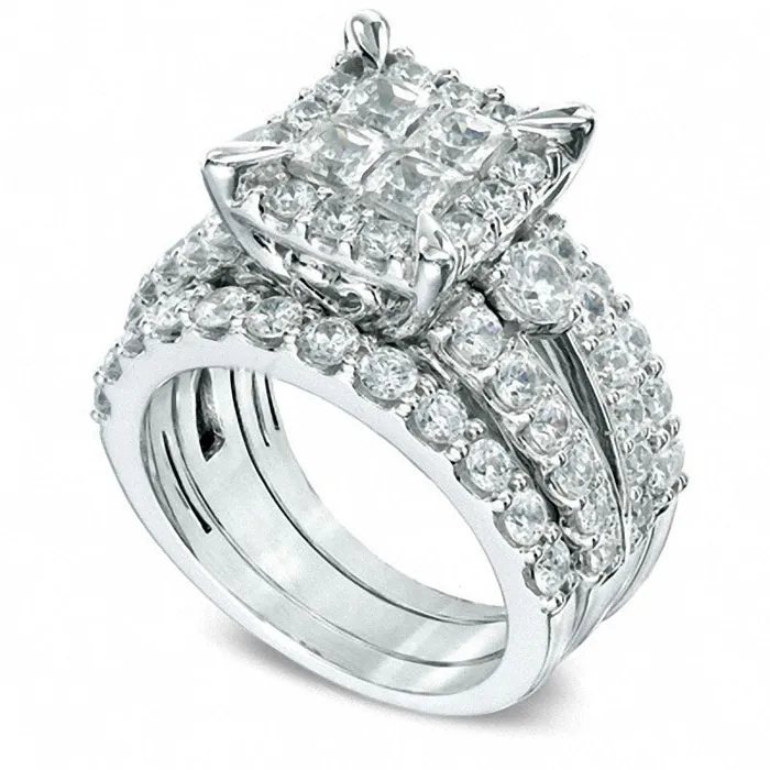 Previously Owned 4 CT TW Quad PrincessCut Natural Diamond Frame Bridal Engagement Ring Set in Solid 14K White Gold Goldia Rings Previously Owned 4 CT TW Quad PrincessCut Natural Diamond Frame Bridal Engagement Ring Set in Solid 14K White Gold Goldia Rings
