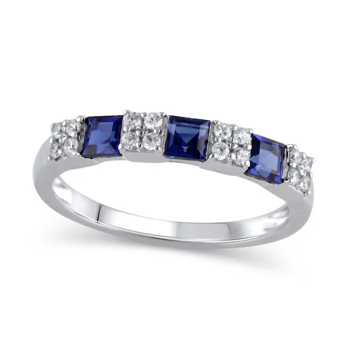 PrincesCut Blue Sapphire and 017 CT TW Natural Diamond Quad Three Stone Alternating Ring in Solid 10K White Gold Goldia Rings PrincesCut Blue Sapphire and 017 CT TW Natural Diamond Quad Three Stone Alternating Ring in Solid 10K White Gold Goldia Rings