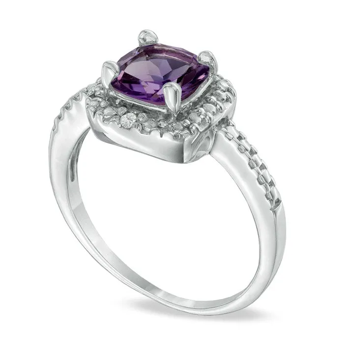 PrincessCut Amethyst and Natural Diamond Accent Frame Ring in Sterling Silver Goldia Rings PrincessCut Amethyst and Natural Diamond Accent Frame Ring in Sterling Silver Goldia Rings