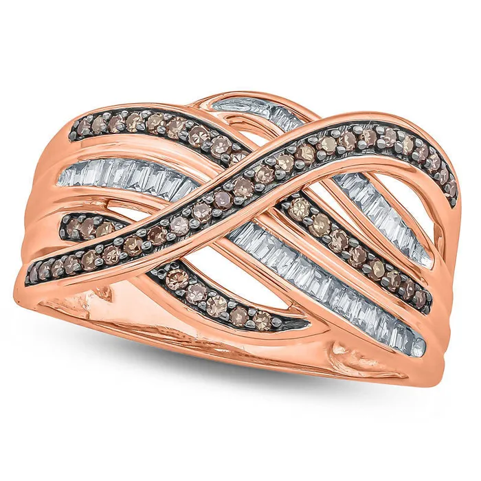 Rings 050 CT TW Champagne and White Natural Diamond Crossover Ring in Solid 10K Rose Gold Goldia Rings 050 CT TW Champagne and White Natural Diamond Crossover Ring in Solid 10K Rose Gold Goldia