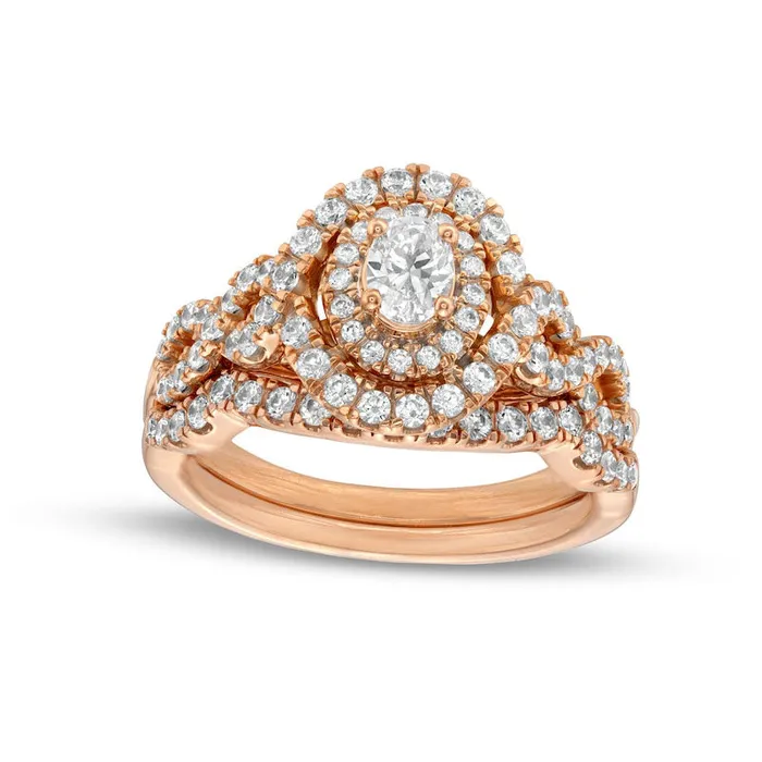 Rings 10 CT TW Oval Natural Diamond Double Frame Twist Shank Bridal Engagement Ring Set in Solid 14K Rose Gold Goldia