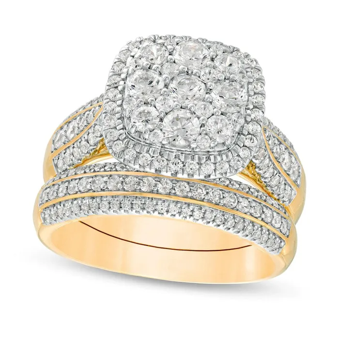Rings 15 CT TW Composite Natural Diamond Cushion Frame MultiRow Bridal Engagement Ring Set in Solid 10K Yellow Gold Goldia Rings 15 CT TW Composite Natural Diamond Cushion Frame MultiRow Bridal Engagement Ring Set in Solid 10K Yellow Gold Goldia