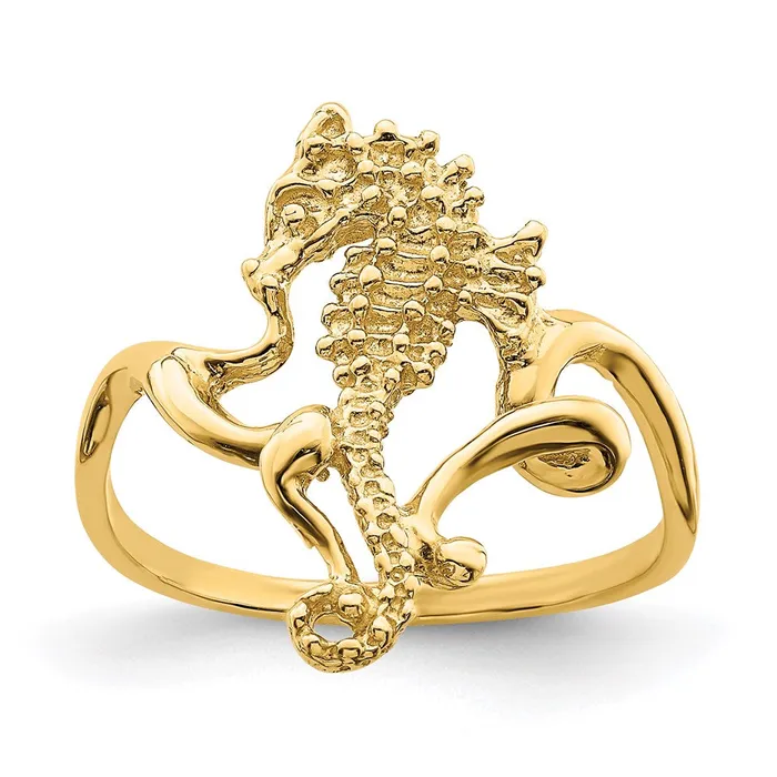 Rings 14K Yellow Gold Polished Textured 2D Seahorse Ring Size 7 Goldia