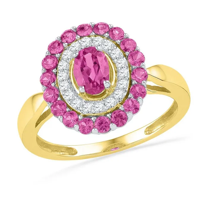 Rings gndatlanta 10k Yellow Gold Oval Created Pink Sapphire Oval Flower Cluster Ring 15 Cttw Rings gndatlanta 10k Yellow Gold Oval Created Pink Sapphire Oval Flower Cluster Ring 15 Cttw