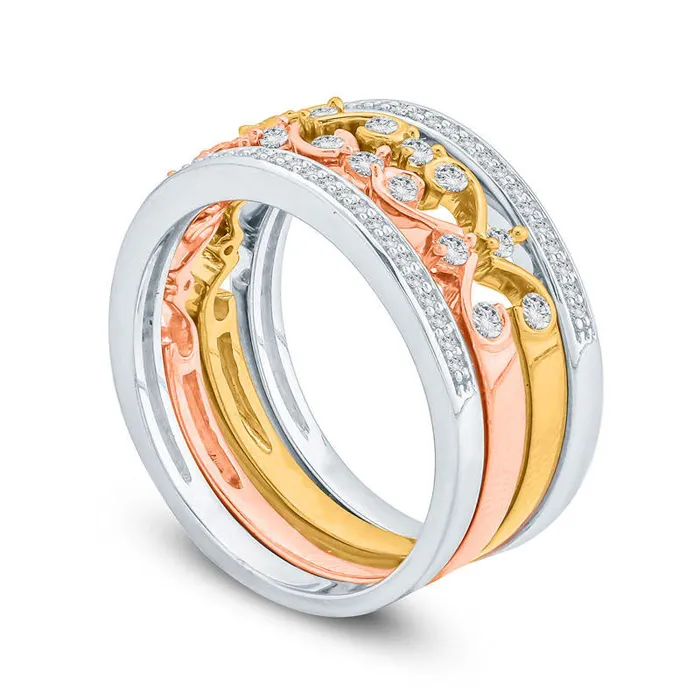 Rings Goldia 050 CT TW Natural Diamond Filigree Stackable Four Ring Set in Solid 10K TriTone Gold Rings Goldia 050 CT TW Natural Diamond Filigree Stackable Four Ring Set in Solid 10K TriTone Gold