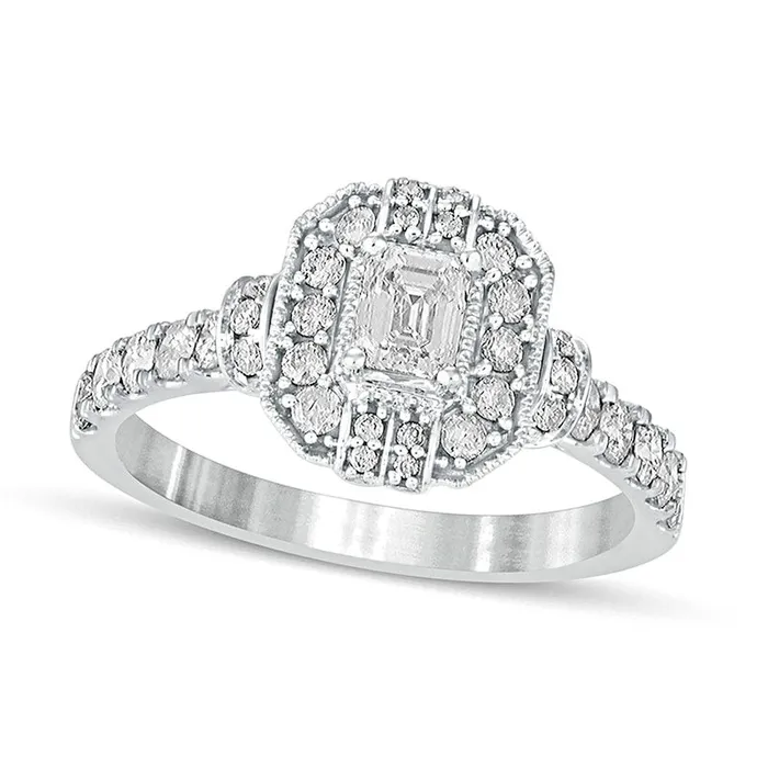 Rings Goldia 10 CT TW EmeraldCut Natural Diamond Octagonal Frame Engagement Ring in Solid 14K White Gold Rings Goldia 10 CT TW EmeraldCut Natural Diamond Octagonal Frame Engagement Ring in Solid 14K White Gold