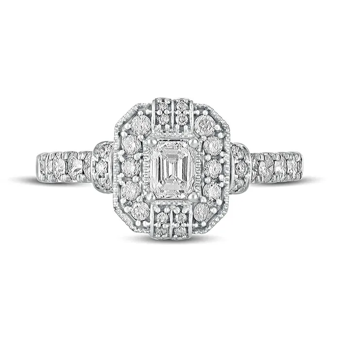 Rings Goldia 10 CT TW EmeraldCut Natural Diamond Octagonal Frame Engagement Ring in Solid 14K White Gold Rings Goldia 10 CT TW EmeraldCut Natural Diamond Octagonal Frame Engagement Ring in Solid 14K White Gold