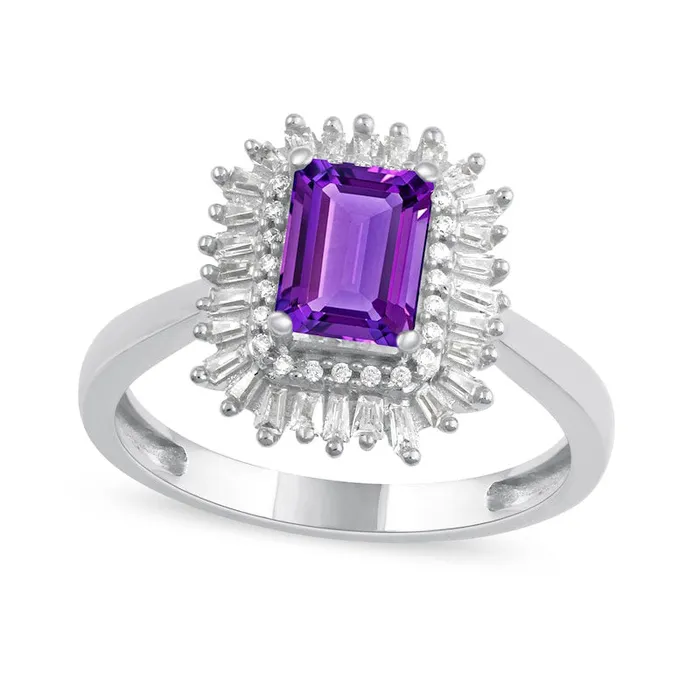 Rings Goldia EmeraldCut Amethyst and 025 CT TW Baguette and Round Natural Diamond Double Frame Ring in Solid 10K White Gold Rings Goldia EmeraldCut Amethyst and 025 CT TW Baguette and Round Natural Diamond Double Frame Ring in Solid 10K White Gold