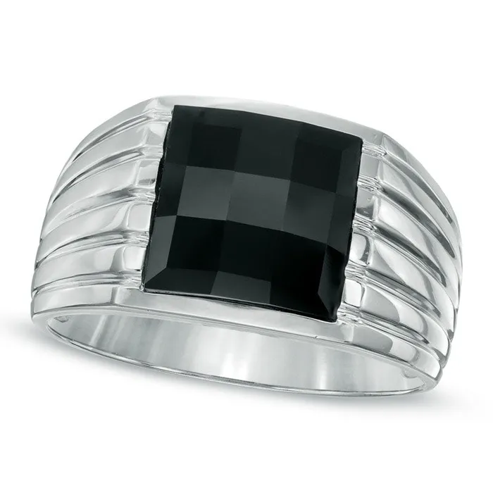 Rings Goldia Mens 100mm SquareCut Onyx Ring in Solid 10K White Gold