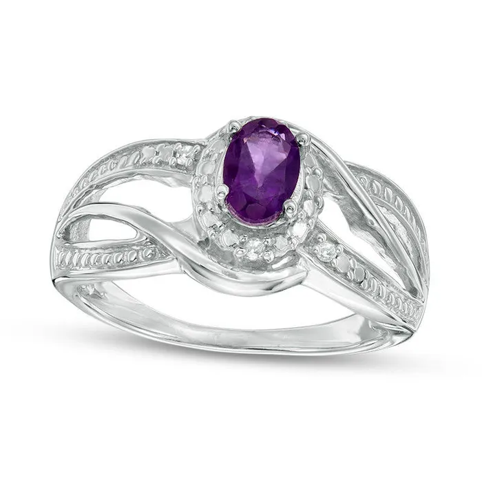 Rings Oval Amethyst and Natural Diamond Accent Frame Bypass Ring in Sterling Silver Goldia Rings Oval Amethyst and Natural Diamond Accent Frame Bypass Ring in Sterling Silver Goldia
