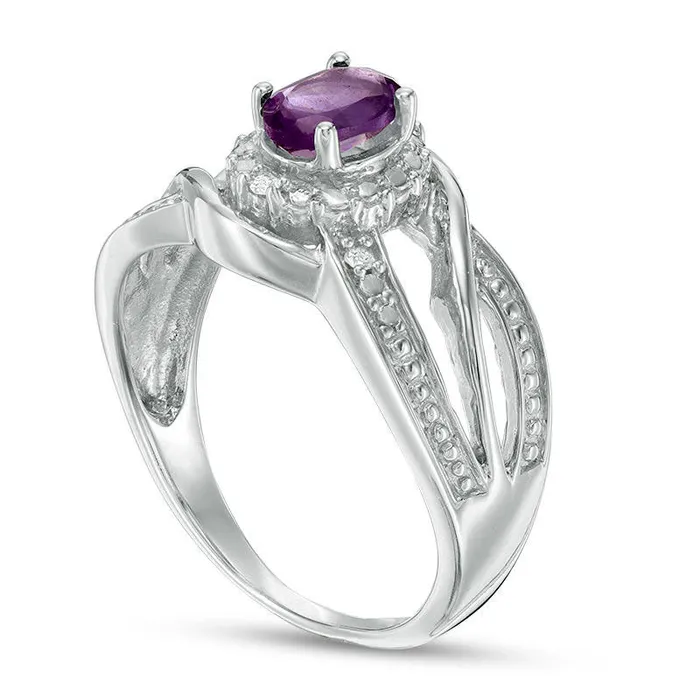 Rings Oval Amethyst and Natural Diamond Accent Frame Bypass Ring in Sterling Silver Goldia Rings Oval Amethyst and Natural Diamond Accent Frame Bypass Ring in Sterling Silver Goldia