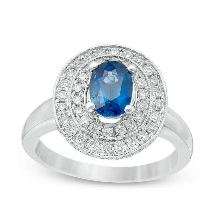 Rings Oval Blue Sapphire and 075 CT TW Natural Diamond Double Frame Antique VintageStyle Ring in Solid 14K White Gold HI1 Goldia Rings Oval Blue Sapphire and 075 CT TW Natural Diamond Double Frame Antique VintageStyle Ring in Solid 14K White Gold HI1 Goldia