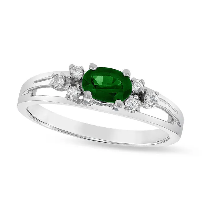 Rings Sideways Oval Emerald and 010 CT TW Natural Diamond TriSides Split Shank Ring in Solid 14K White Gold Goldia Rings Sideways Oval Emerald and 010 CT TW Natural Diamond TriSides Split Shank Ring in Solid 14K White Gold Goldia