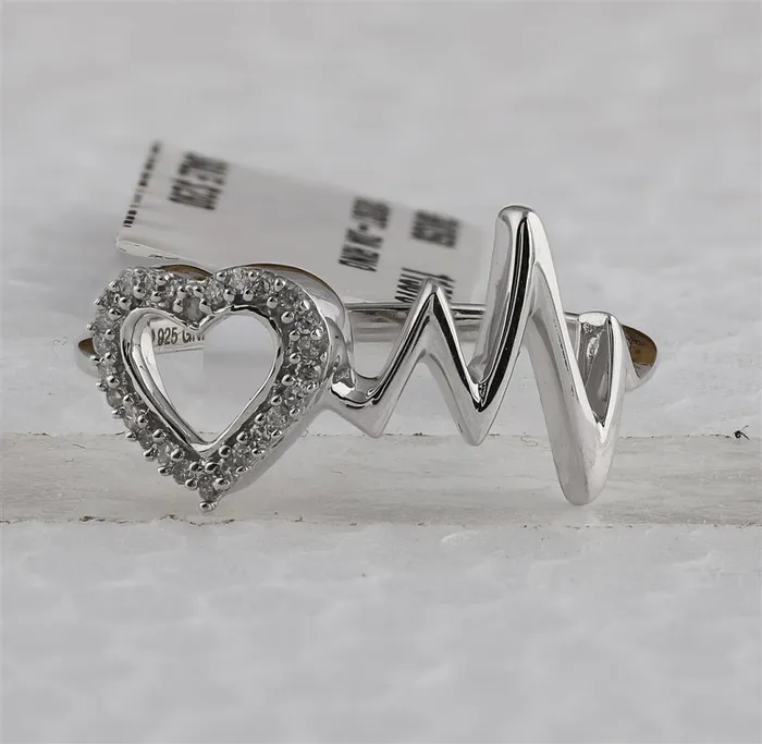 Rings Sterling Silver Round Diamond Heart Heartbeat Ring 120 Cttw gndatlanta