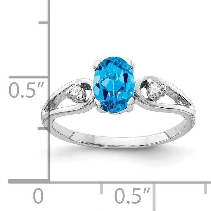 Solid 14k White Gold 7x5mm Oval Simulated Blue Topaz VS CZ Ring Goldia Rings