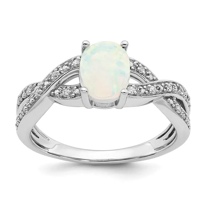 Solid 14k White Gold Created Simulated Opal and CZ Ring Goldia Rings