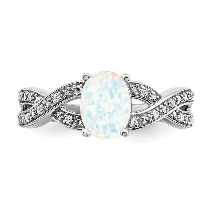 Solid 14k White Gold Created Simulated Opal and CZ Ring Goldia Rings