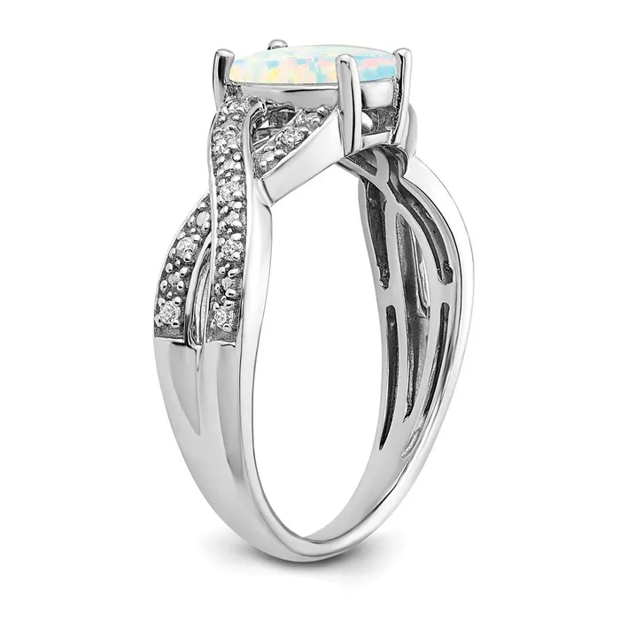 Solid 14k White Gold Created Simulated Opal and CZ Ring Goldia Rings