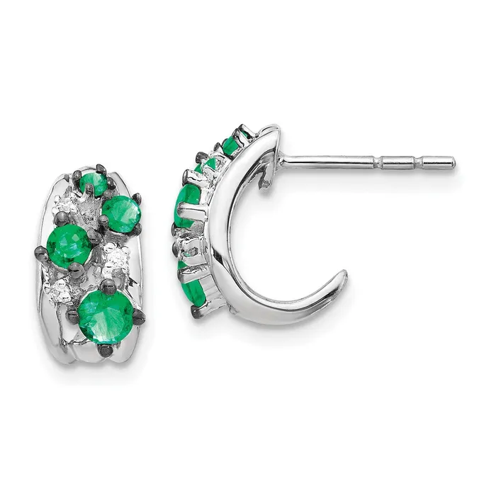 Solid 14k White Gold Simulated CZ and Emerald Polished Post Hoop Earrings Goldia Earrings