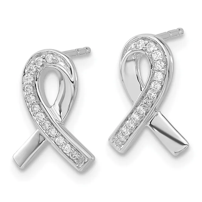 Solid 14k White Gold Simulated CZ Awareness Ribbon Earrings Goldia Earrings
