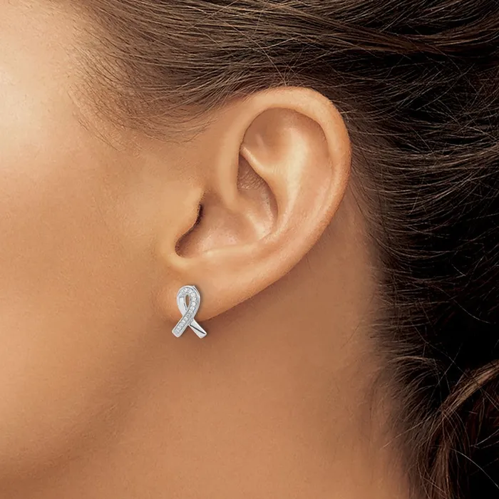 Solid 14k White Gold Simulated CZ Awareness Ribbon Earrings Goldia Earrings