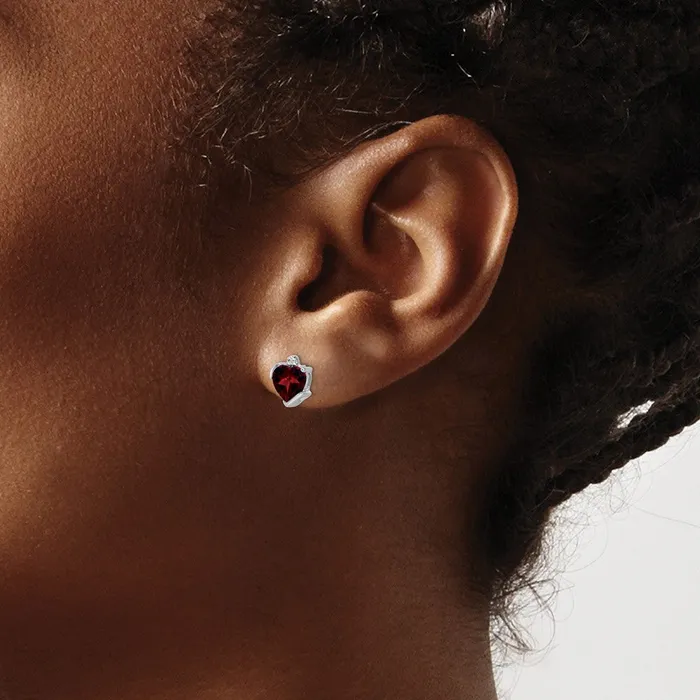 Solid 14k White Gold Simulated Garnet and CZ Heart Earrings Goldia Earrings