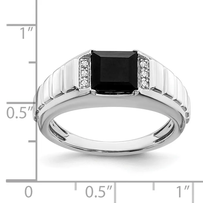 Solid 14k White Gold Square Simulated Onyx and CZ Mens Ring Goldia Rings