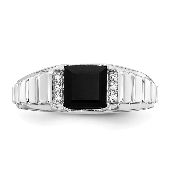 Solid 14k White Gold Square Simulated Onyx and CZ Mens Ring Goldia Rings