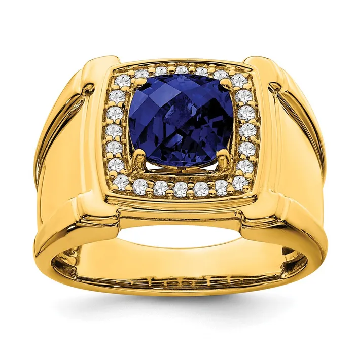 Solid 14k Yellow Gold Created ChecKerboard Simulated Sapphire and CZ Mens Ring Goldia Rings Solid 14k Yellow Gold Created ChecKerboard Simulated Sapphire and CZ Mens Ring Goldia Rings