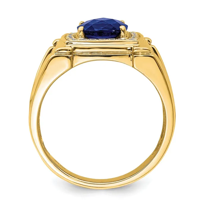 Solid 14k Yellow Gold Created ChecKerboard Simulated Sapphire and CZ Mens Ring Goldia Rings