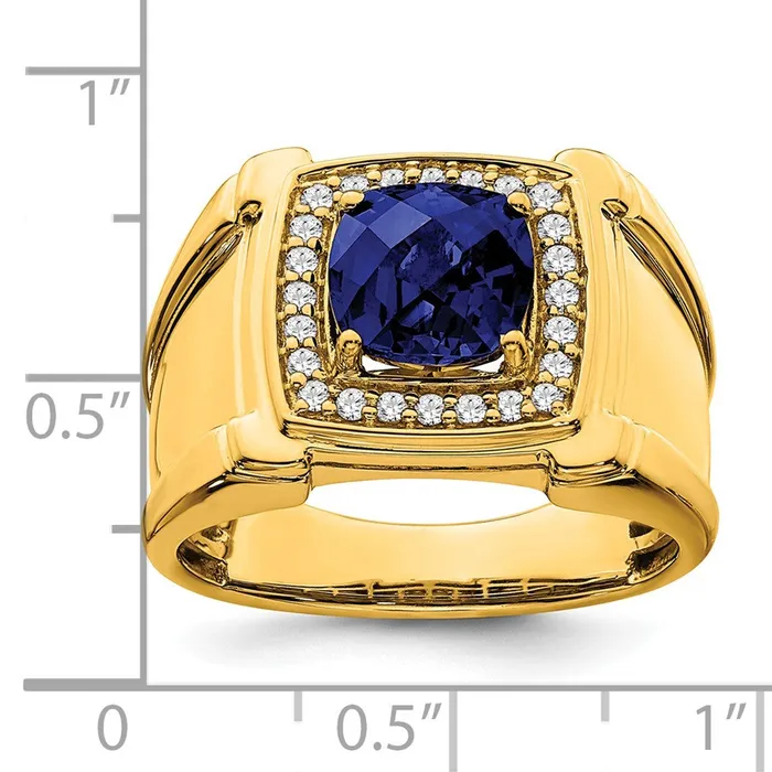 Solid 14k Yellow Gold Created ChecKerboard Simulated Sapphire and CZ Mens Ring Goldia Rings
