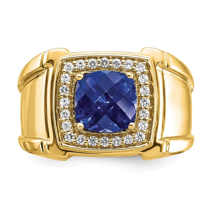 Solid 14k Yellow Gold Created ChecKerboard Simulated Sapphire and CZ Mens Ring Goldia Rings