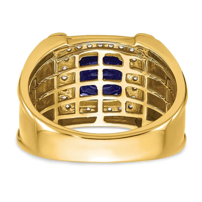 Solid 14k Yellow Gold Created ChecKerboard Simulated Sapphire and CZ Mens Ring Goldia Rings