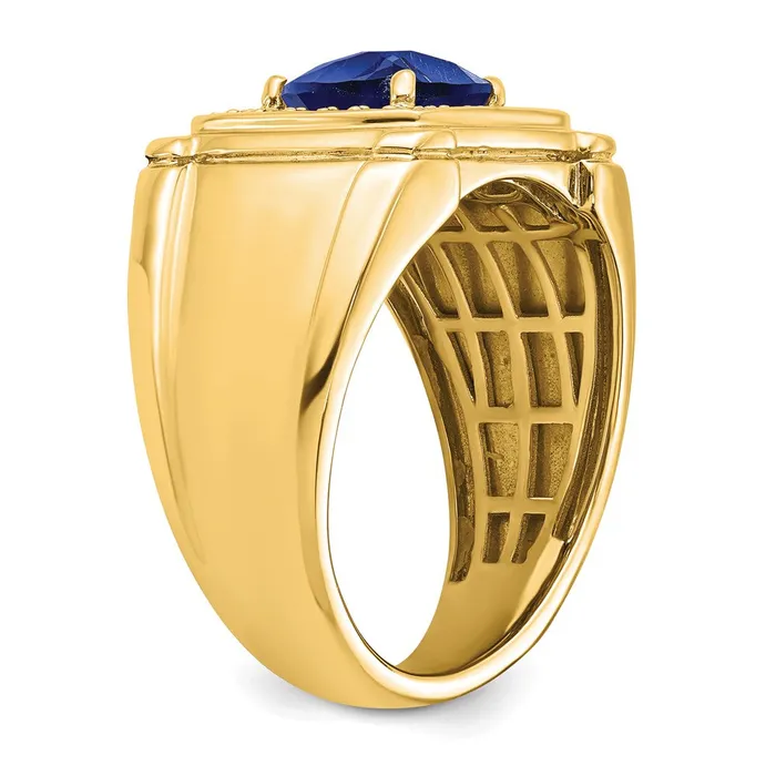 Solid 14k Yellow Gold Created ChecKerboard Simulated Sapphire and CZ Mens Ring Goldia Rings
