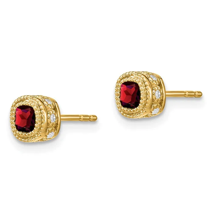 Solid 14k Yellow Gold Cushion Simulated Garnet and CZ Earrings Goldia Earrings