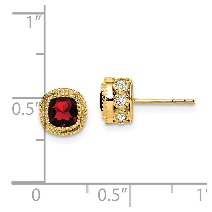 Solid 14k Yellow Gold Cushion Simulated Garnet and CZ Earrings Goldia Earrings