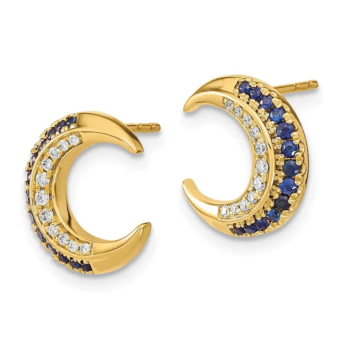 Solid 14k Yellow Gold Polished Moon Simulated Sapphire and CZ Post Earrings Goldia Earrings