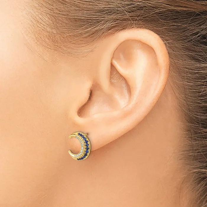 Solid 14k Yellow Gold Polished Moon Simulated Sapphire and CZ Post Earrings Goldia Earrings